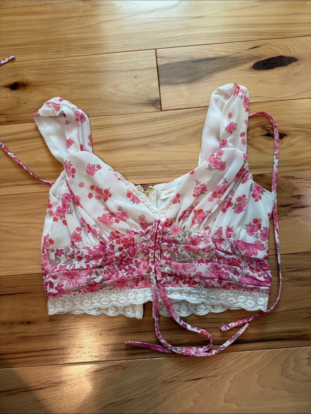 Altar'd State Pink Floral Lace-Trim Crop Top